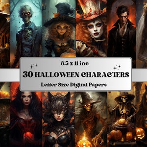 Printable Halloween Horror Characters Digital Paper, Halloween Scenes, Creepy Scary Pages, Download Junk Journal, Scrapbooking, Card Making