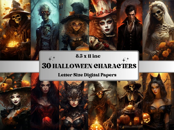 Printable Halloween Horror Characters Digital Paper, Halloween Scenes, Creepy Scary Pages, Download Junk Journal, Scrapbooking, Card Making