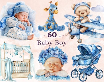 60 PNG acuarela bebé niño recién nacido clipart, baby shower para un niño ilustración clip art, vivero azul png, sublimación de fiesta de revelación de género