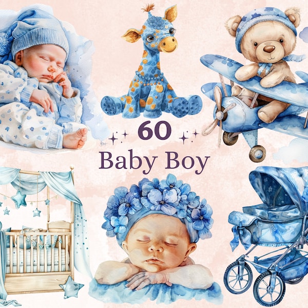 60 PNG aquarelle bébé garçon nouveau-né Clipart, clipart bébé douche pour un garçon Illustration, bleu chambre d'enfant png, sublimation de fête de révélation de sexe
