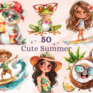 50 PNG Watercolor Cute Summer Clipart, Tropical Summer Animals Illustrations Clip art, Sea View Png, Sunny Beach Vacation Sublimation