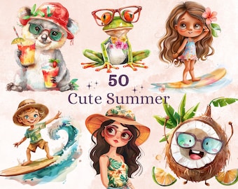 50 PNG Watercolor Cute Summer Clipart, Tropical Summer Animals Illustrations Clip art, Sea View Png, Sunny Beach Vacation Sublimation