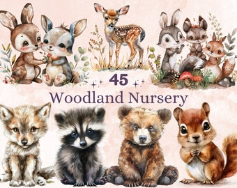 45 PNG Watercolor Woodland Nursery Clipart, Forest Baby Shower Illustration Clip art, Boho Newborn png, Woodland Baby Animals Sublimation