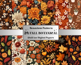 Puede incluir: Un conjunto de 24 papeles digitales con ilustraciones botánicas de otoño. Los papeles miden 30,5 x 30,5 cm y presentan una variedad de diseños, incluyendo hojas, flores y calabazas. Los papeles son perfectos para scrapbooking, creación de tarjetas y otros proyectos de manualidades.