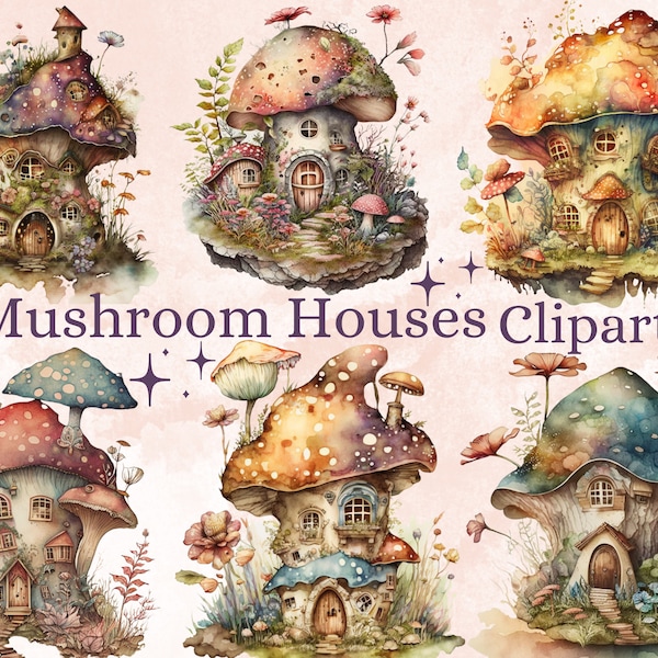 16 PNG champignon maisons Clipart, fée aquarelle champignon maison Clipart Illustration png, champignon magique maison, clipart champignon fantaisie