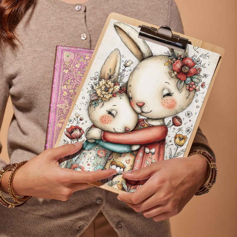 May include: A wooden clipboard holds a colorful illustration of two hugging bunnies with floral crowns. The bunnies are depicted with closed eyes and rosy cheeks. A decorative pink journal is held behind the clipboard.