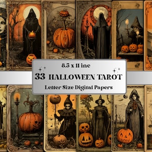 Papel digital de Tarot de Halloween imprimible, Tarot de Halloween vintage, Páginas retro de Halloween, Descargar diario basura, Scrapbooking, Cartas de Tarot