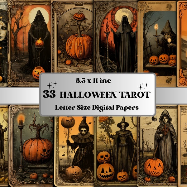 Printable Halloween Tarot Digital Paper, Vintage Halloween Tarot, Retro Halloween Pages, Download Junk Journal, Scrapbooking, Tarot Cards