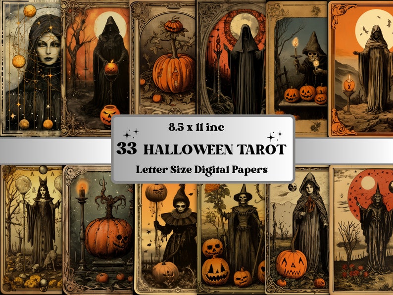 Printable Halloween Tarot Digital Paper, Vintage Halloween Tarot, Retro Halloween Pages, Download Junk Journal, Scrapbooking, Tarot Cards