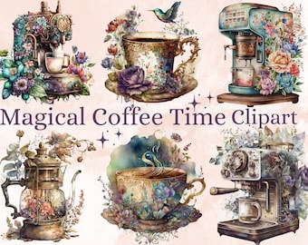 22 PNG Aquarell Kaffee Zeit Clipart, Kaffee Clip Art, Coffee Shop Clipart Bundle, Vintage Kaffeekannen, Floral Kaffeetassen und Tassen Png Set