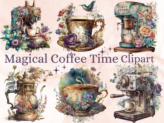 22 PNG Watercolor Coffee Time Clipart, Coffee Clip Art, Coffee Shop Clipart Bundle, Vintage coffee pots, Floral Coffee mugs and cups png set
