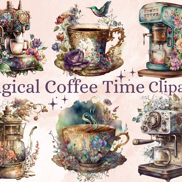 22 PNG Watercolor Coffee Time Clipart, Coffee Clip Art, Coffee Shop Clipart Bundle, Vintage coffee pots, Floral Coffee mugs and cups png set