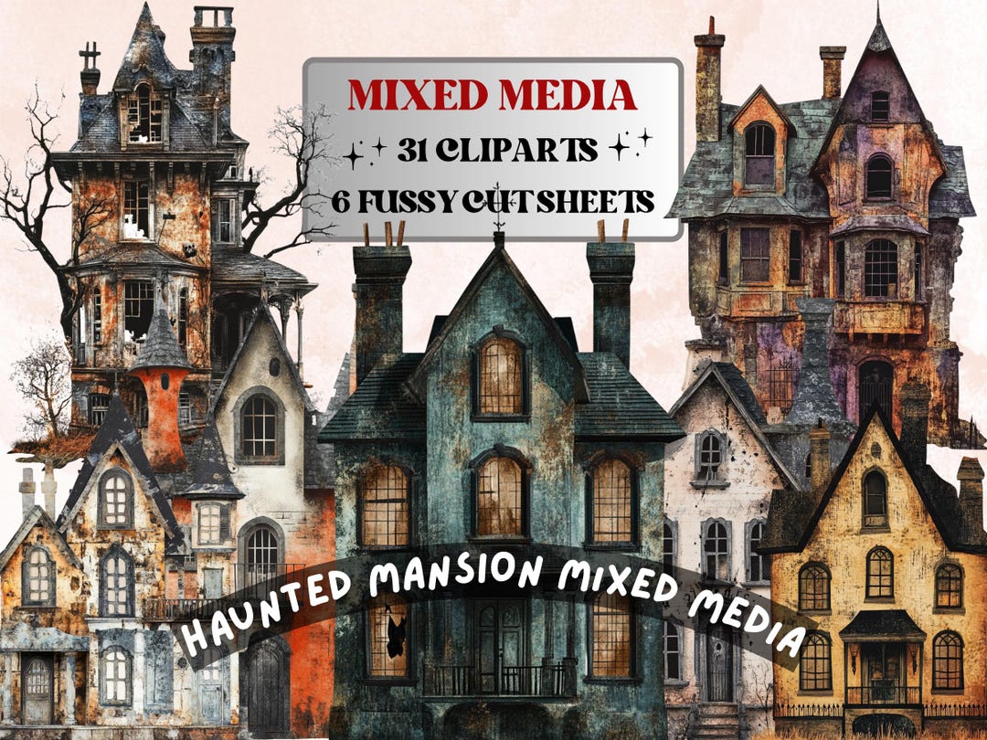 Haunted Mansion Mixed Media Clipart, Spooky Halloween Houses Fussy Cut ...