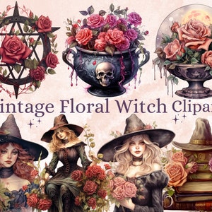 35 PNG Watercolor Vintage Floral Witch Clipart, Roses Witchcraft Clip art, witch clip art png, magic clip art, Witch Bundle, witchcraft png