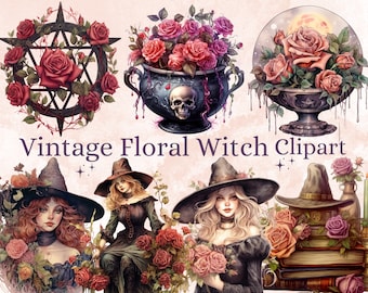 35 PNG Watercolor Vintage Floral Witch Clipart, Roses Witchcraft Clip art, witch clip art png, magic clip art, Witch Bundle, witchcraft png