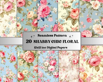 May include: A set of 20 digital papers featuring shabby chic floral patterns in shades of pink, blue, and cream. The papers are 12x12 inches and are perfect for scrapbooking, card making, and other crafting projects.
