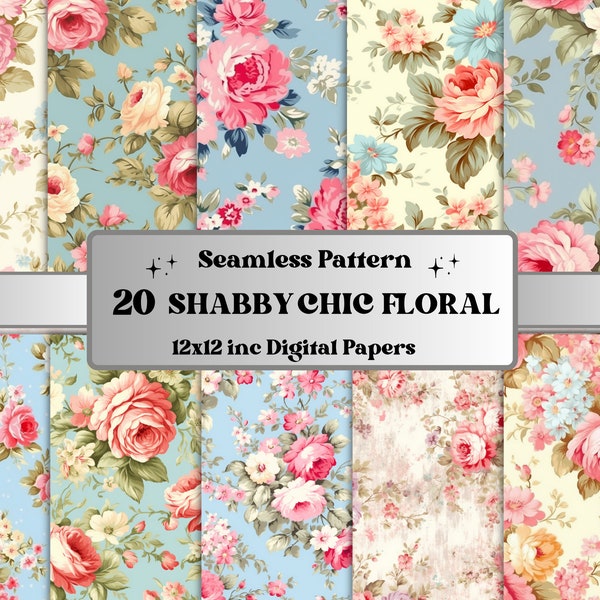 Seamless Vintage Flowers Digital Paper, Shabby Chic Floral Seamless Pattern, Floral Collage Paper Pack, Shabby Chic Roses Junk Journal Kit