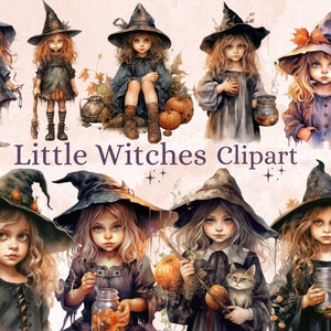 25 PNG Watercolor Cute Little Witches Clipart, Witchcraft Clip art, witch clip art png, magic clip art, Halloween Witch, witchcraft png