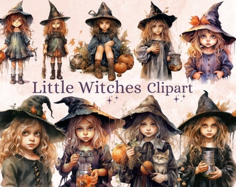 25 PNG Watercolor Cute Little Witches Clipart, Witchcraft Clip art, witch clip art png, magic clip art, Halloween Witch, witchcraft png