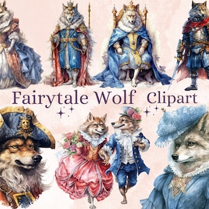 30 PNG Aquarell Märchen Wolf Clipart Bundle, Märchen Tiere Clip Art, Vintage Märchen Wölfe PNG, Fantasy Wild Wolf Clip Art Set
