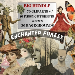 Enchanted Forest Collage Elements, Whimsical Surreal Woodland Fussy Cut, Quirky Weird Clipart, Green Junk Journal, Whimsy Clipart Background