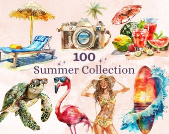100 PNG Watercolor Summer Collection Clipart, Tropical Summer Holiday Illustrations Clip art, Sea View Png, Sunny Beach Vacation Sublimation