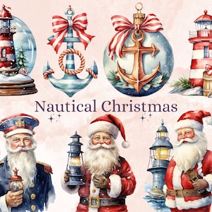 50 PNG Acquerello Natale nautico Clipart, Oceano Mare Illustrazioni di Natale Clip art, Inverno png, Vela marina Natale Noel Ornamenti