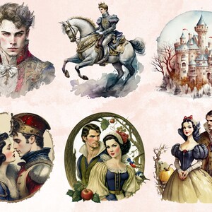 40 PNG Watercolour Snow White Clipart, Snow White Princess Seven Dwarves Png, Fantasy Fairytale Clipart, Evil Queen, Vintage Fairy Tale Set