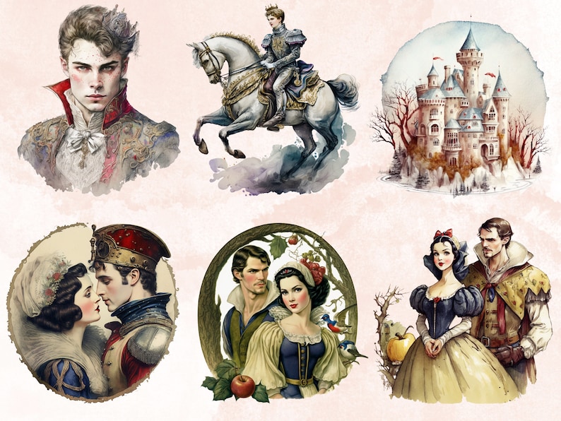 40 PNG Watercolour Snow White Clipart, Snow White Princess Seven Dwarves Png, Fantasy Fairytale Clipart, Evil Queen, Vintage Fairy Tale Set