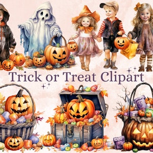 45 PNG acuarela truco o trato clipart, vintage Halloween niños ilustración clip art, retro lindo espeluznante png, sublimación de temporada espeluznante