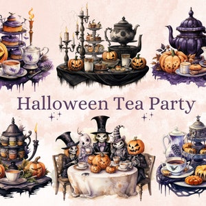40 PNG aquarela Halloween Tea Party Clipart, ilustrações de hora do chá de abóbora Clip art, decoração de Halloween png, sublimação de doces ou travessuras