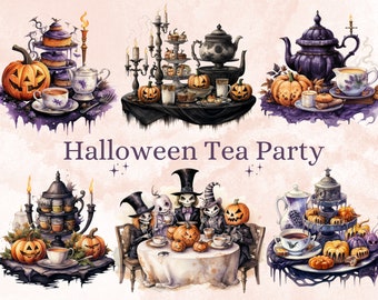 40 PNG aquarela Halloween Tea Party Clipart, ilustrações de hora do chá de abóbora Clip art, decoração de Halloween png, sublimação de doces ou travessuras