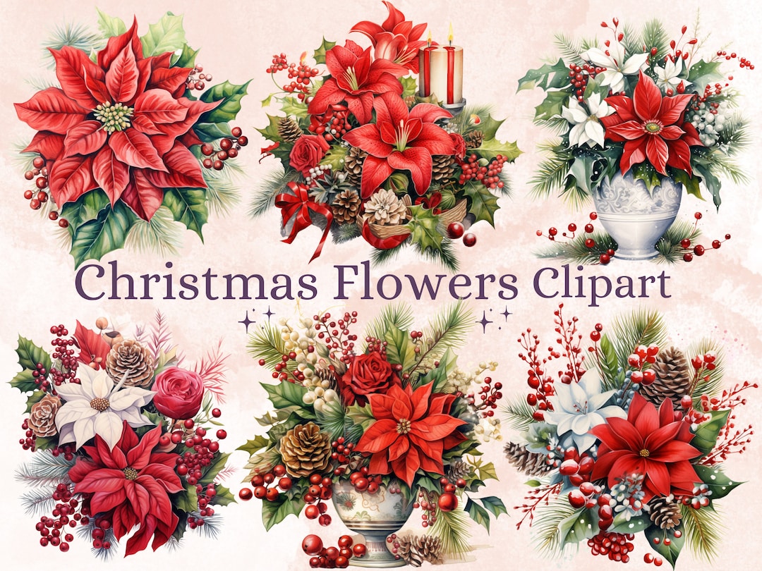 35 PNG Watercolor Christmas Flowers Clipart, Merry Christmas Bouquets