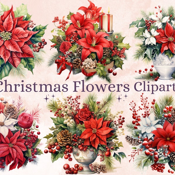 35 PNG Watercolor Christmas Flowers Clipart, Merry Christmas Bouquets Clip art, Winter Arrangement Graphic png, Xmas Noel Sublimation Bundle