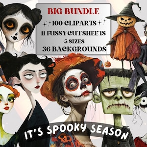 Spooky Season Collage Elements Bundle, Creepy Halloween Fussy Cut, Quirky Scary Fall Clipart, Whimsy Junk Journal, Mixed Media Art Sheet