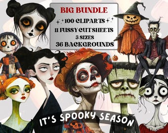 Spooky Season Collage Elements Bundle, Creepy Halloween Fussy Cut, Quirky Scary Fall Clipart, Whimsy Junk Journal, Mixed Media Art Sheet