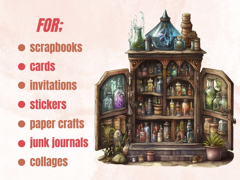20 PNG Watercolor Witches Apothecary Cabinet Clipart, Wiccan png, magic clip art, mystical clipart, witchcraft png clipart, Potion clipart
