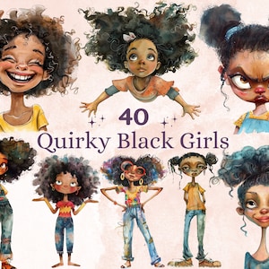 50 PNG Acuarela Chicas Negras Excéntricas Clipart, Ilustraciones De Chicas Afro Extravagantes Clip Art, Emociones Divertidas De Chicas Negras PNG, Sublimación Excéntrica
