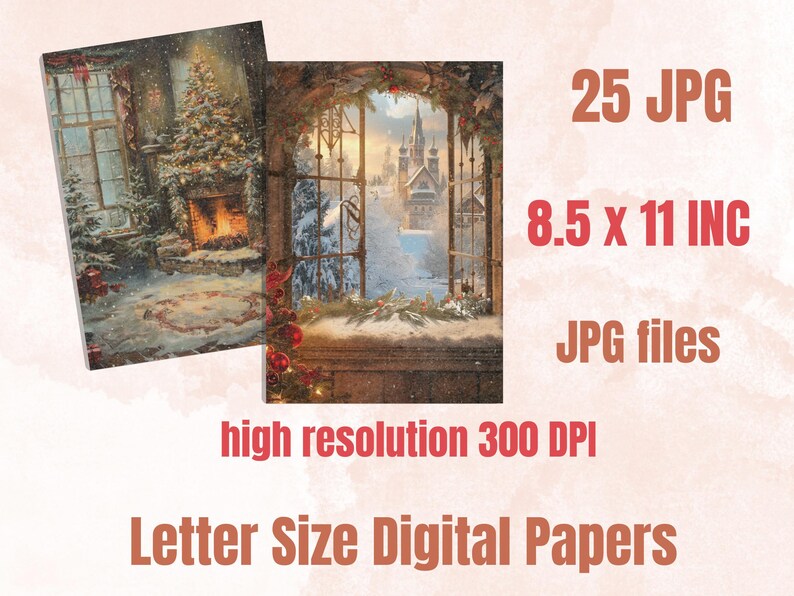 Printable Christmas Digital Paper, Christmas Holiday Background, Winter Landscape Backdrop, Download Junk Journal, Scrapbooking, Card Making