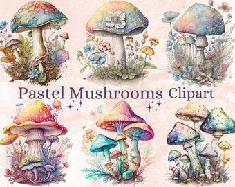 23 PNG Watercolor Pastel Mushrooms Clipart, Fantasy Magical Mystery Mushroom Clip Art, Floral Mushroom png set, for Scrapbook, Junk Journal