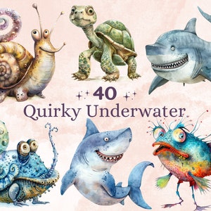40 PNG Acuarela extravagante Submarina Clipart, Divertido Clip Art Del Océano, Colección De Animales Marinos Extravagantes png, Sublimación Extravagante, Bajo El Mar