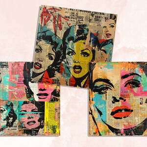 May include: Three square canvas art pieces featuring pop art style portraits of women. The artwork uses a collage technique with newspaper clippings and bold colors like red, yellow, and blue. The faces are expressive.