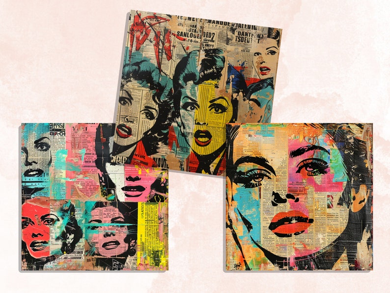May include: Three square canvas art pieces featuring pop art style portraits of women. The artwork uses a collage technique with newspaper clippings and bold colors like red, yellow, and blue. The faces are expressive.