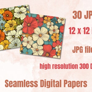 Seamless Retro Groovy Spring Flowers Digital Paper, Hippie Seamless ...