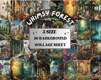 Whimsy Forest Collage Paper Kit, Surreal Forest Mixed Media Sheet, Whimsical Woodland Ephemera Images, Quirky Junk Journal, Scrapbook Paper