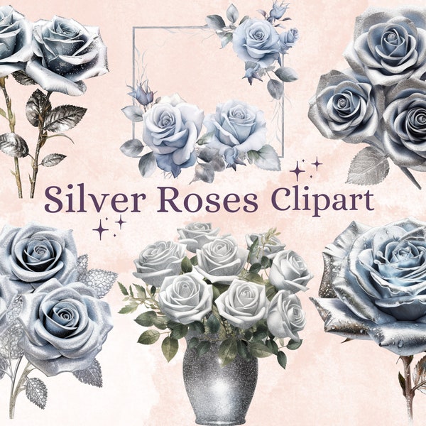 23 PNG Watercolor Silver Roses Clipart Bundle, Silver Colored Floral Flowers PNG Clip art, Metallic Gray Glitter Roses Floral Bouquets PNG