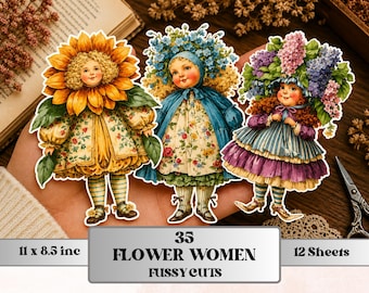 Flower Women Fussy Cut Printable, 35 Whimsical Floral Girl Cutouts, Botanical Ephemera Junk Journal Scrapbook Sheets