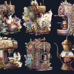 22 PNG Watercolor Coffee Time Clipart, Coffee Clip Art, Coffee Shop Clipart Bundle, Vintage coffee pots, Floral Coffee mugs and cups png set