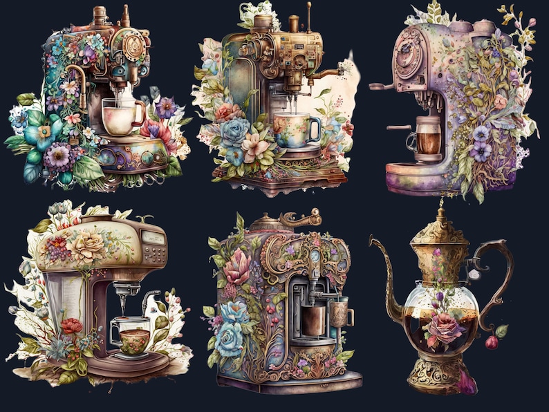 22 PNG Watercolor Coffee Time Clipart, Coffee Clip Art, Coffee Shop Clipart Bundle, Vintage coffee pots, Floral Coffee mugs and cups png set