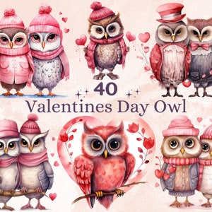 40 PNG acuarela Día de San Valentín Búhos Clipart, Precioso Día de San Valentín Búho Pareja Ilustraciones Clip art, Lindo Amor Animales Png Sublimación